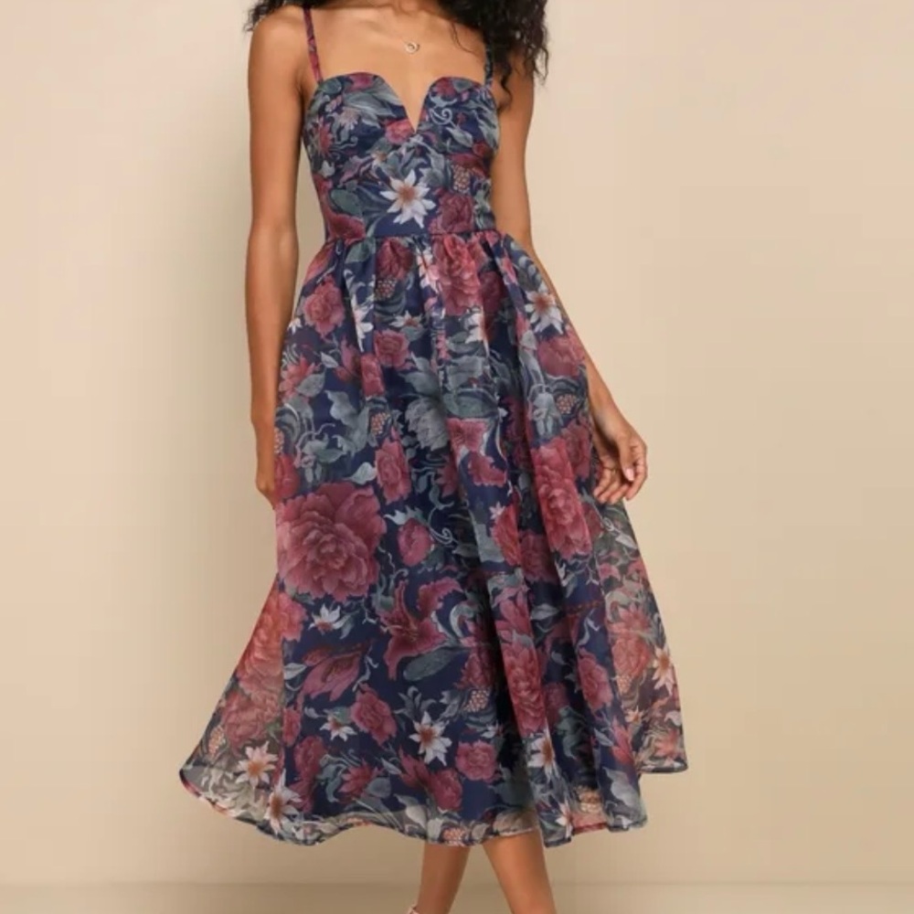 Lulu's Navy and Pink Floral Midi Dress